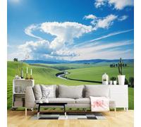Carta da parati di dimensioni personalizzate, verde con colline ondulate e valle del fiume sotto cielo blu, paesaggio panoramico, vista della natura, tessuto autoadesivo da parete (senza PVC), grande
