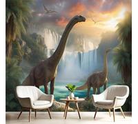 Carta Da Parati Dinosauri Primitivi, Cascata Nella Giungla Carta Da Parati In Tessuto Di Seta, Adatto A Soggiorni, Camere Da Letto, Bagni E Pareti Di Uffici, 450X315Cm Colori Misti