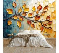 Carta da Parati Dipinto Ad Olio Di Foglie Autunnali Art Sfondo Murale Fotografica 200x140 cm per Soggiorno Camera Ristorante Camera dei Bambini e Decorazione da Parete, Colore Arancione