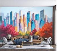 Carta da parati Dipinto ad olio di una città moderna con Edifici alti e alberi, 200x140cm - Murale decorativo XXL, murale Seta decorazione da muro per camera da lettoRosso