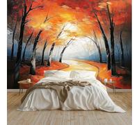 Carta da Parati Dipinto Ad Olio Foresta Autunnale Art Sfondo Murale Fotografica 400x280 cm per Soggiorno Camera Ristorante Camera dei Bambini e Decorazione da Parete, Colore Arancione
