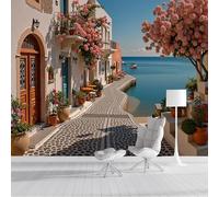 Carta Da Parati Edifici Strade Fotomurali In Seta Murale Alla Santorini,Grecia Decorazione Da Muro Panoramico Poster Design Carta Per Pareti 450X300Cm Fotomurale