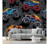 Carta Da Parati Effetto 3D 200 X 140 Cm Fumettofotomurali In Tnt Murale Alla Moda Decorazione Da Muro Xxl Nero Monster Truck Fiamme Per Salotto Camera Da Letto Ufficio