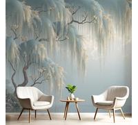 Carta Da Parati Effetto 3D 200X140Cm Salice Prugna Fotomurali Murale Alla Moda Decorazione Da Muro Xxl Grigio-Blu Piante Orientali Eleganti Per Salotto Camera Da Letto Ufficio Corridoio