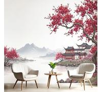 Carta da Parati Effetto 3D 300×210cm - Murale Cina Pittura Inchiostro Montagne Decorazione da Muro Poster Gigante Fiori Prugna Fiore Fotomurali Non Tessuto Moderna per Camere Soggiorno Ufficio,Bianco