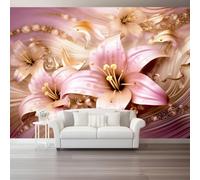 Carta Da Parati Effetto 3D 300 X 210 Cm Stile Di Lusso Leggerofotomurali In Tnt Murale Alla Moda Decorazione Da Muro Xxl Rosa Giglio Foglia D'Oro Per Salotto Camera Da Letto Ufficio Corridoio