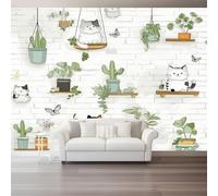 Carta Da Parati Effetto 3D 300 X 210 Cm Stile Pastorale Gatti Piante Verdifotomurali In Tnt Murale Alla Moda Decorazione Da Muro Xxl Verde Bianco Per Salotto Camera Da Letto Ufficio Corridoio