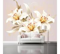 Carta Da Parati Effetto 3D 350 X 256 Cm Fiori Di Lusso Leggerifotomurali In Tnt Murale Alla Moda Decorazione Da Muro Xxl Oro Giglio Riccioli Per Salotto Camera Da Letto Ufficio Corridoio