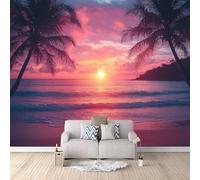 Carta Da Parati Effetto 3D Alberi Di Cocco 500x280 cm Fotomurali Non Tessuto, Tramonto Sul Mare Decorazione Poster Arte Murale Moderna per Casa Ufficio Camera Da Letto Soggiorno.