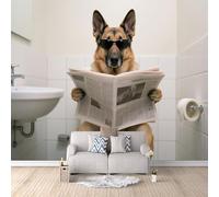 Carta Da Parati Effetto 3D Cane Da Pastore Che Legge Il Giornale 150x105 cm Fotomurali Non Tessuto, Bagno Decorazione Poster Arte Murale Moderna per Casa Ufficio Camera Da Letto Soggiorno.