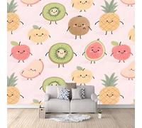 Carta Da Parati Effetto 3D Cartone Animato Kiwi Ananas 250x175 cm Fotomurali Non Tessuto, Mela Decorazione Poster Arte Murale Moderna per Casa Ufficio Camera Da Letto Soggiorno.