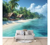 Carta Da Parati Effetto 3D Casa Sulla Spiaggia 500x280 cm Fotomurali Non Tessuto, Alberi Di Cocco Con Vista Mare Decorazione Poster Arte Murale Moderna per Casa Ufficio Camera Da Letto Soggiorno.
