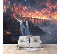 Carta Da Parati Effetto 3D Castello Dei Sogni 150x105 cm Fotomurali Non Tessuto, Cascata Del Cielo Stellato Decorazione Poster Arte Murale Moderna per Casa Ufficio Camera Da Letto Soggiorno.