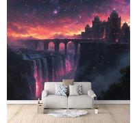Carta Da Parati Effetto 3D Castello Dei Sogni 300x256 cm Fotomurali Non Tessuto, Cascata Del Cielo Stellato Decorazione Poster Arte Murale Moderna per Casa Ufficio Camera Da Letto Soggiorno.
