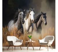 Carta Da Parati Effetto 3D Cavalli Selvaggi 350X256Cm Fotomurali Animali Delle Praterie, Decorazione Poster Tan Arte Murale Moderna Per Ufficio Parete Camera Da Letto Soggiorno