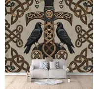 Carta Da Parati Effetto 3D Corvo 150x105 cm Fotomurali Non Tessuto, Rune Norrene Decorazione Poster Arte Murale Moderna per Casa Ufficio Camera Da Letto Soggiorno.
