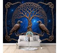 Carta Da Parati Effetto 3D Corvo Nordico 150x105 cm Fotomurali Non Tessuto, Albero Del Mondo Decorazione Poster Arte Murale Moderna per Casa Ufficio Camera Da Letto Soggiorno.