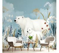Carta Da Parati Effetto 3D Cucciolo Orso Bianco 400×280cm Fotomurali Non Tessuto, Cartone Animato Animali Decorazione Poster Arte Murale Moderna per Casa Ufficio Camera Da Letto Soggiorno Blu