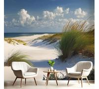 Carta Da Parati Effetto 3D Dune Sabbia Bianca Erba Selvatica 150×105cm Fotomurali Non Tessuto, Natura Spiaggia Decorazione Poster Arte Murale Moderna per Casa Ufficio Camera Da Letto Soggiorno Blu