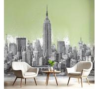 Carta Da Parati Effetto 3D Edifici Cittadini Disegnati Mano 350X256Cm Fotomurali New York Astratta, Decorazione Poster Verde Salvia Arte Murale Moderna Per Ufficio Parete Camera Da Letto Soggiorno