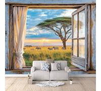 Carta Da Parati Effetto 3D Elefanti Della Savana 150x105 cm Fotomurali Non Tessuto, Paesaggio Fuori Dalla Finestra Decorazione Poster Arte Murale Moderna per Casa Ufficio Camera Da Letto Soggiorno.