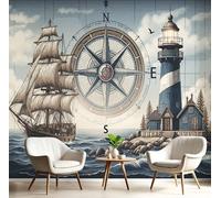 Carta Da Parati Effetto 3D Faro Retrò 150×105cm Fotomurali Non Tessuto, Vela Vela Decorazione Poster Arte Murale Moderna per Casa Ufficio Camera Da Letto Soggiorno Blu Scuro