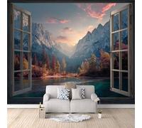 Carta Da Parati Effetto 3D Finestra 250x175 cm Fotomurali Non Tessuto, Montagna Lago Decorazione Poster Arte Murale Moderna per Casa Ufficio Camera Da Letto Soggiorno.