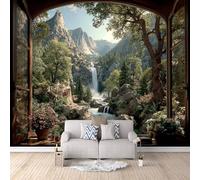 Carta Da Parati Effetto 3D Finestra 400x280 cm Fotomurali Non Tessuto, Montagna Cascata Decorazione Poster Arte Murale Moderna per Casa Ufficio Camera Da Letto Soggiorno.