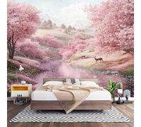 Carta da Parati Effetto 3d Fiori di Ciliegio Rosa Decorazione Murale Panoramica Poster da Parete per Soggiorno Ufficio, Stream Fawn Fotomurali in TNT Antimuffa e Antistrappo 250x175 cm