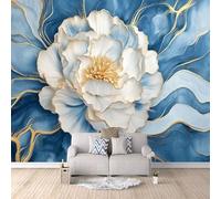 Carta Da Parati Effetto 3D Fiori Di Peonia Bianca 300x256 cm Fotomurali Non Tessuto, Linee Blu E Oro Decorazione Poster Arte Murale Moderna per Casa Ufficio Camera Da Letto Soggiorno.