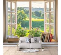 Carta Da Parati Effetto 3D Fiori Di Prateria 150x105 cm Fotomurali Non Tessuto, Paesaggio Fuori Dalla Finestra Decorazione Poster Arte Murale Moderna per Casa Ufficio Camera Da Letto Soggiorno.