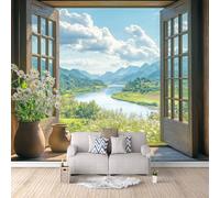 Carta Da Parati Effetto 3D Fiume Della Foresta 500x280 cm Fotomurali Non Tessuto, Paesaggio Fuori Dalla Finestra Decorazione Poster Arte Murale Moderna per Casa Ufficio Camera Da Letto Soggiorno.