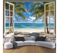 Carta Da Parati Effetto 3D Fuori Dalla Finestra La Spiaggia 400×280cm Fotomurali Non Tessuto, Natura Onde Palme Decorazione Poster Arte Murale Moderna per Casa Ufficio Camera Da Letto Soggiorno