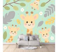 Carta Da Parati Effetto 3D Giraffa Dei Cartoni Animati 300x256 cm Fotomurali Non Tessuto, Foglie Verdi Decorazione Poster Arte Murale Moderna per Casa Ufficio Camera Da Letto Soggiorno.