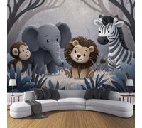 Carta Da Parati Effetto 3D Illustrazione Animali Della Foresta 3D 150L × 105A cm Fotomurali Seta Grigio, Decorazione Poster Arte Murale Cartone Animato Motivo Zebra Ed Elefante Per Casa Soggiorno