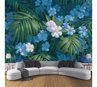 Carta Da Parati Effetto 3D Illustrazione Di Pianta Tropicale 3D 400L × 280A cm Fotomurali Seta Blu Verdastro, Decorazione Poster Arte Murale Foglie Di Palma Verdi Per Casa Camera Da Letto Soggiorno