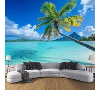 Carta Da Parati Effetto 3D Isole Tropicali Salotto Camera Corridoio Murali Palme Acqua Di Mare Decorazione Da Muro 250×175cm Blu Grande Carta Da Parati Resistente Ai Raggi Uv