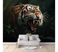Carta Da Parati Effetto 3D La Tigre Ruggisce 250x175 cm Fotomurali Non Tessuto, Foresta Decorazione Poster Arte Murale Moderna per Casa Ufficio Camera Da Letto Soggiorno.