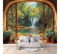 Carta Da Parati Effetto 3D Lago Con Cascata Nella Foresta 150x105 cm Fotomurali Non Tessuto, Fuori Dalla Finestra Decorazione Poster Arte Murale Moderna per Casa Ufficio Camera Da Letto Soggiorno.