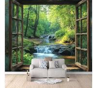 Carta Da Parati Effetto 3D Lago Con Cascata Nella Foresta 250x175 cm Fotomurali Non Tessuto, Fuori Dalla Finestra Decorazione Poster Arte Murale Moderna per Casa Ufficio Camera Da Letto Soggiorno.