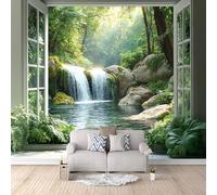 Carta Da Parati Effetto 3D Lago Con Cascata Nella Foresta 500x280 cm Fotomurali Non Tessuto, Fuori Dalla Finestra Decorazione Poster Arte Murale Moderna per Casa Ufficio Camera Da Letto Soggiorno.