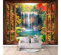 Carta Da Parati Effetto 3D Lago Della Cascata 250x175 cm Fotomurali Non Tessuto, Foglie Di Acero Della Foresta Decorazione Poster Arte Murale Moderna per Casa Ufficio Camera Da Letto Soggiorno.