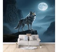 Carta Da Parati Effetto 3D Luna Del Lupo 500x280 cm Fotomurali Non Tessuto, Rune Antiche Decorazione Poster Arte Murale Moderna per Casa Ufficio Camera Da Letto Soggiorno.