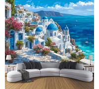 Carta Da Parati Effetto 3D Mediterraneo Città 450×315cm Fotomurali Non Tessuto, Santorini Castello Decorazione Poster Arte Murale Moderna per Casa Ufficio Camera Da Letto Soggiorno