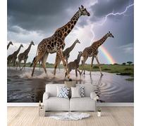Carta Da Parati Effetto 3D Migrazione Delle Giraffe 300x256 cm Fotomurali Non Tessuto, Fulmini Del Fiume Decorazione Poster Arte Murale Moderna per Casa Ufficio Camera Da Letto Soggiorno.