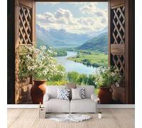 Carta Da Parati Effetto 3D Montagne E Fiumi 150x105 cm Fotomurali Non Tessuto, Paesaggio Fuori Dalla Finestra Decorazione Poster Arte Murale Moderna per Casa Ufficio Camera Da Letto Soggiorno.