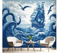 Carta Da Parati Effetto 3D Onde Dell'Oceano Barche A Vela 250X175Cm Fotomurali Animali Fantastici, Decorazione Poster Indaco Arte Murale Moderna Per Ufficio Parete Camera Da Letto Soggiorno