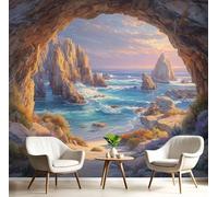 Carta Da Parati Effetto 3D Onde Dell'Oceano Grotte 250X175Cm Fotomurali Paesaggio Naturale, Decorazione Poster Arancione Arte Murale Moderna Per Ufficio Parete Camera Da Letto Soggiorno