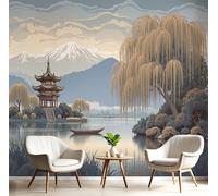 Carta Da Parati Effetto 3D Padiglione Di Salice 250X175Cm Fotomurali Paesaggio Del Lago Cinese, Decorazione Poster Marrone Arte Murale Moderna Per Ufficio Parete Camera Da Letto Soggiorno