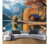 Carta Da Parati Effetto 3D Paesaggio Autunnale 250×175cm Baita Lago Tra Gli Alberi Fotomurali in seta,Blu Arancione Decorazione Poster Arte Murale Moderna per Casa Ufficio Camera Da Letto Soggiorno